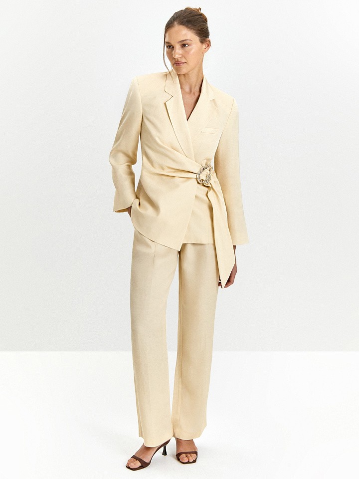 Брюки широкого кроя с защипами с добавлением льна