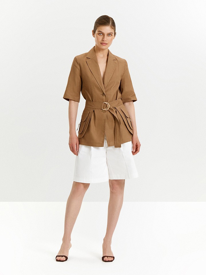 Жакет изо льна с поясом и накладными караманами