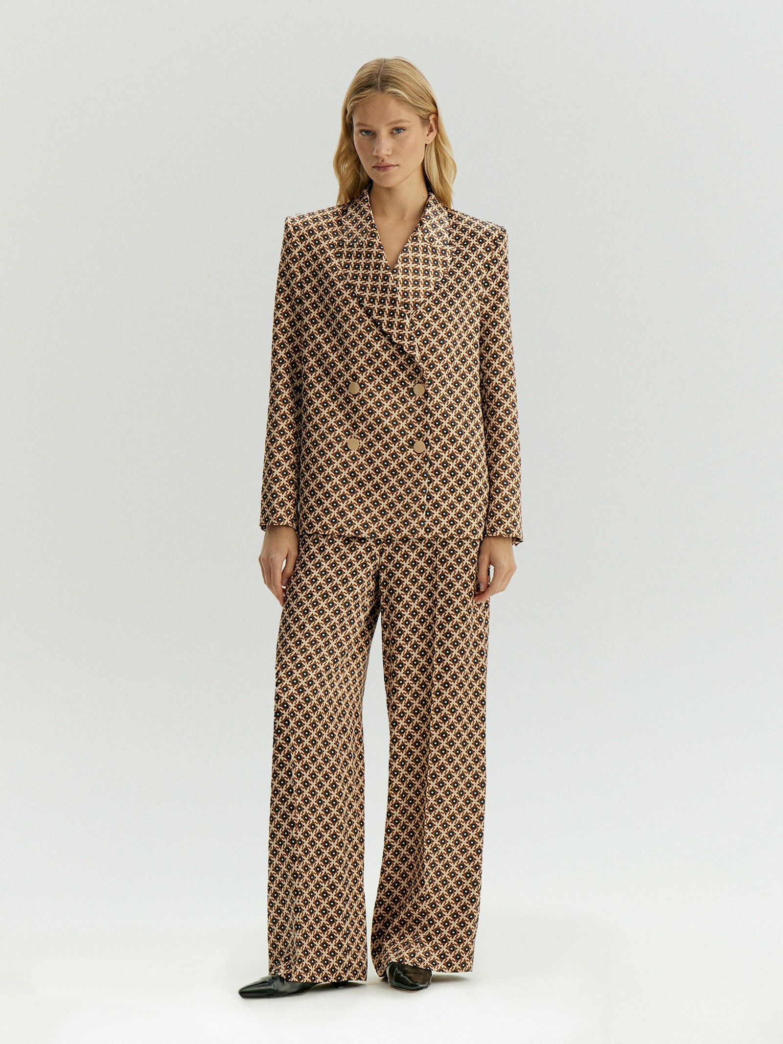 Двубортный жакет с принтом из вискозного сатина